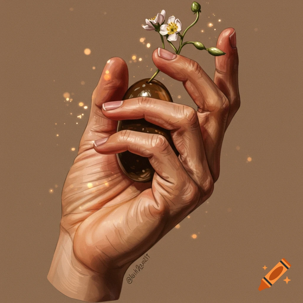 An illustrated hand holds a small dark object with white flowers blooming from it, set against a brown background with sparkling lights.
