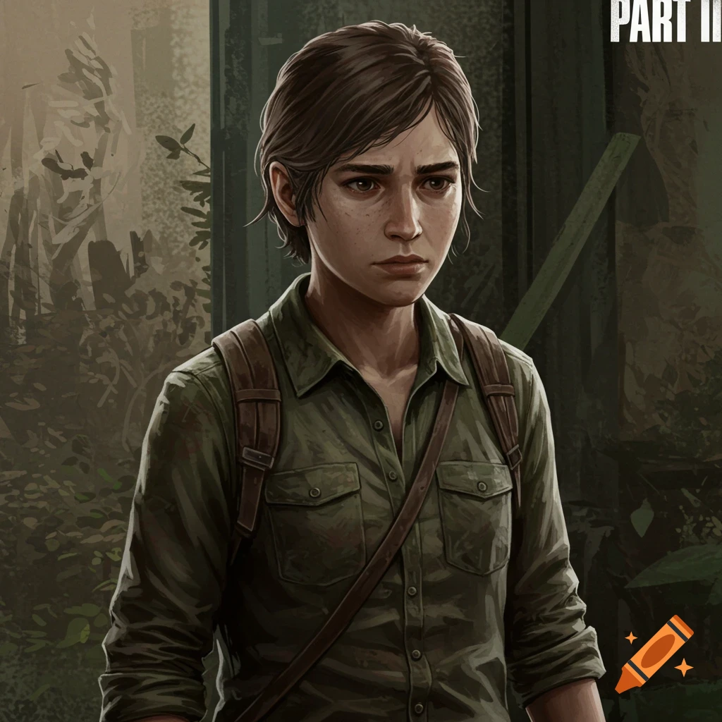 A stylized illustration of Ellie from The Last of Us Part II, a young woman with short brown hair and freckles, wearing a green shirt and backpack, looking serious in a forest setting.