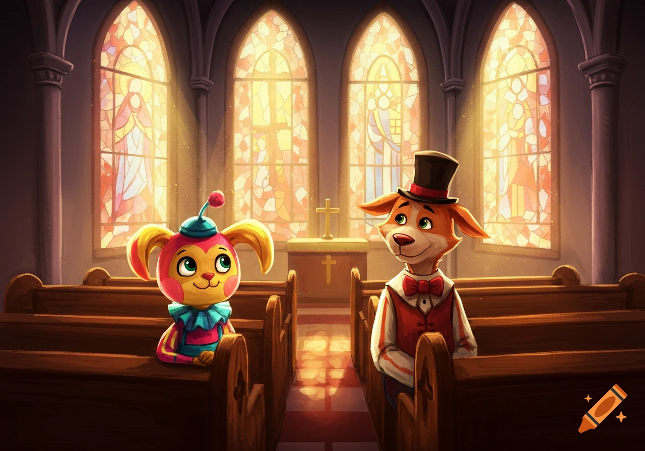 Cartoon characters, a pink rabbit-like creature and a fox, sitting in pews in a brightly lit church with stained glass windows.
