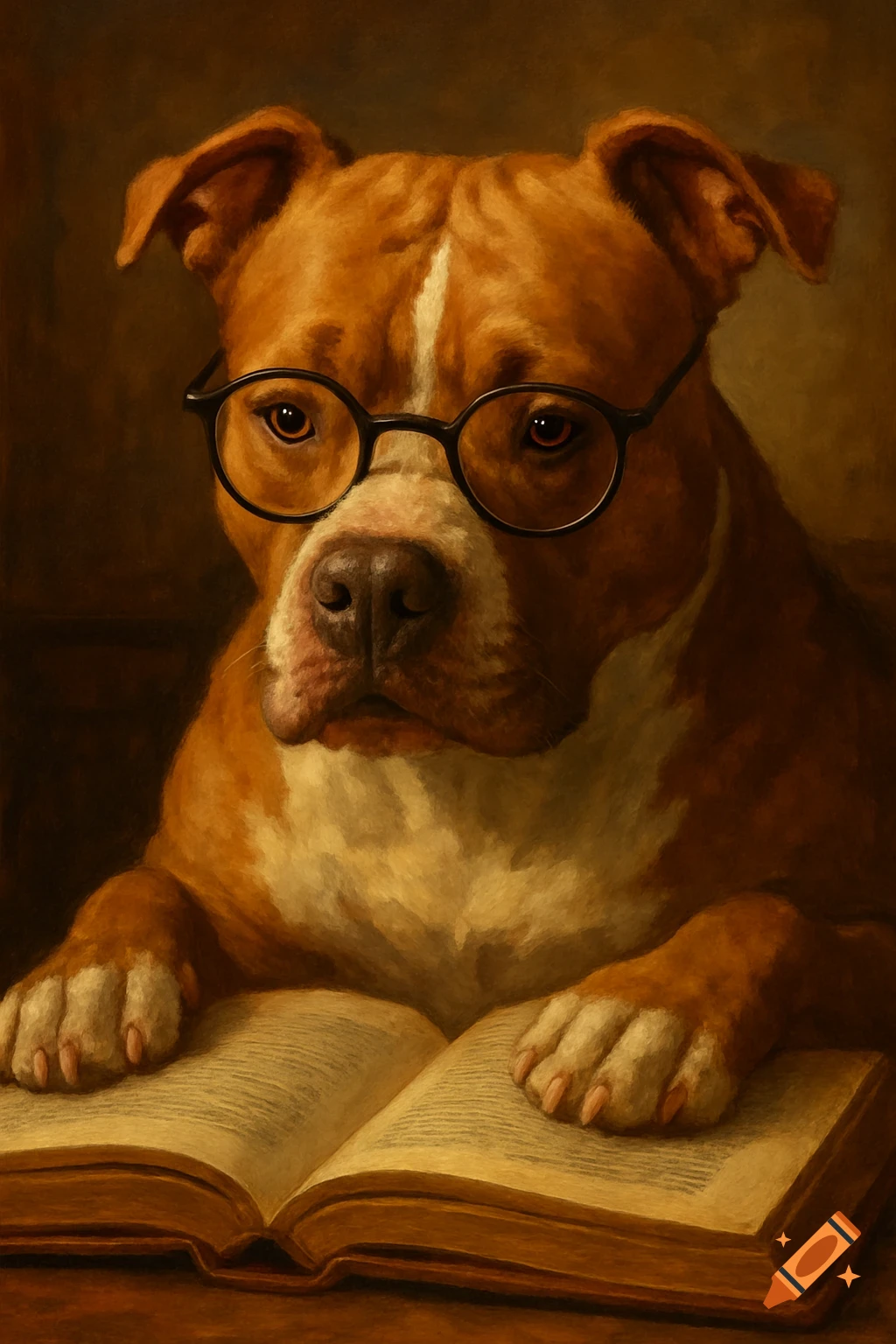 A brown and white pit bull wearing round glasses sits with its paws on an open book, in the style of a classical oil painting.