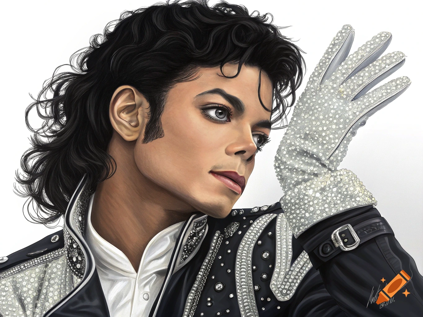 Realistic portrait of Michael Jackson wearing a black jacket and a sequined white glove, looking to the right.