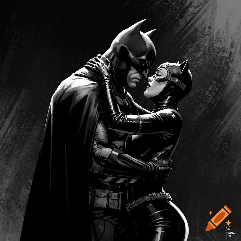 Batman and Catwoman in a black and white comic art style, embracing intimately.