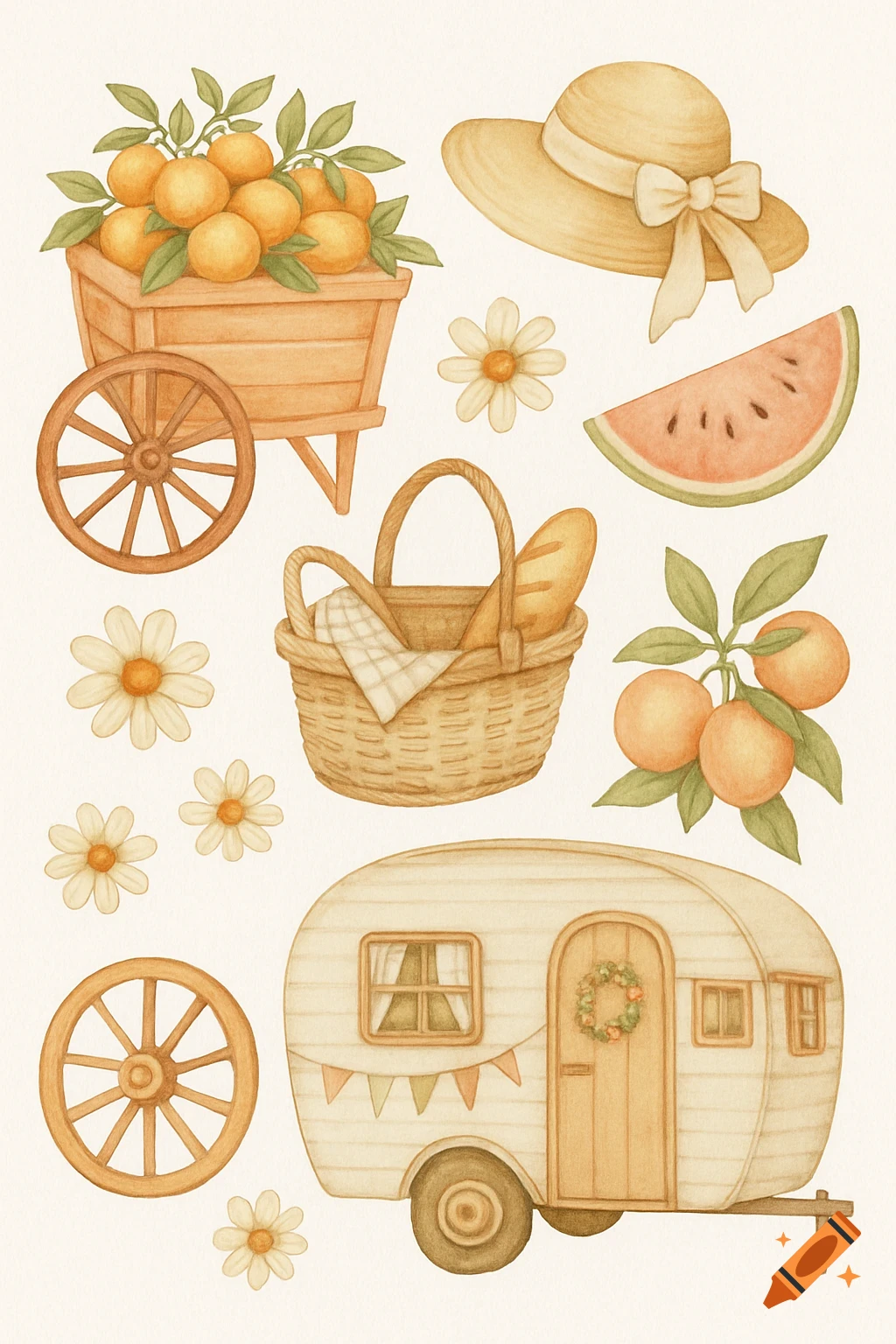 A collection of watercolor cottagecore summer illustrations including a wagon with oranges, a straw hat, flowers, a picnic basket, a watermelon slice, and a vintage camper.
