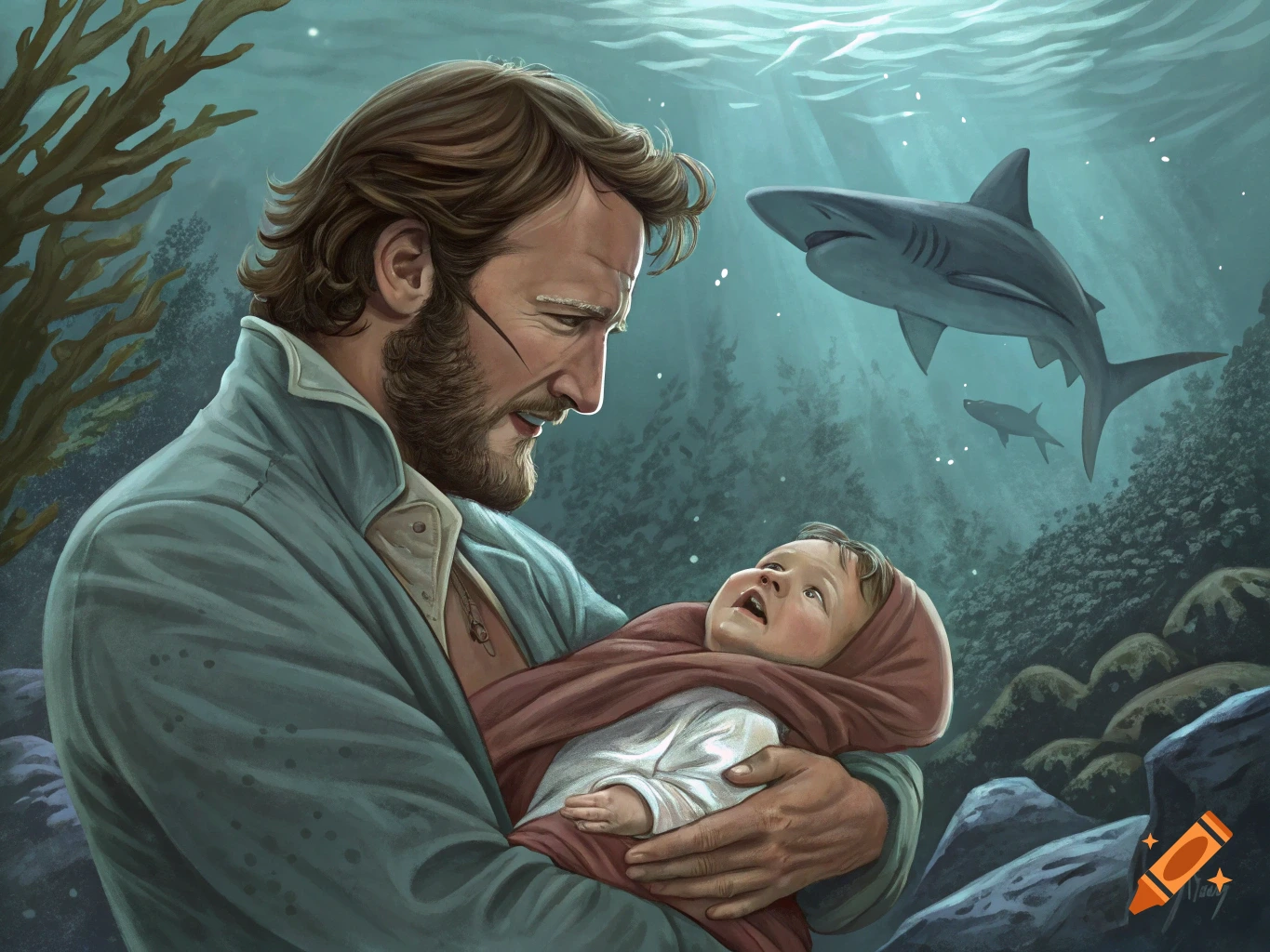 Bearded man with a scar holds a baby underwater as sharks swim nearby. Digital art.