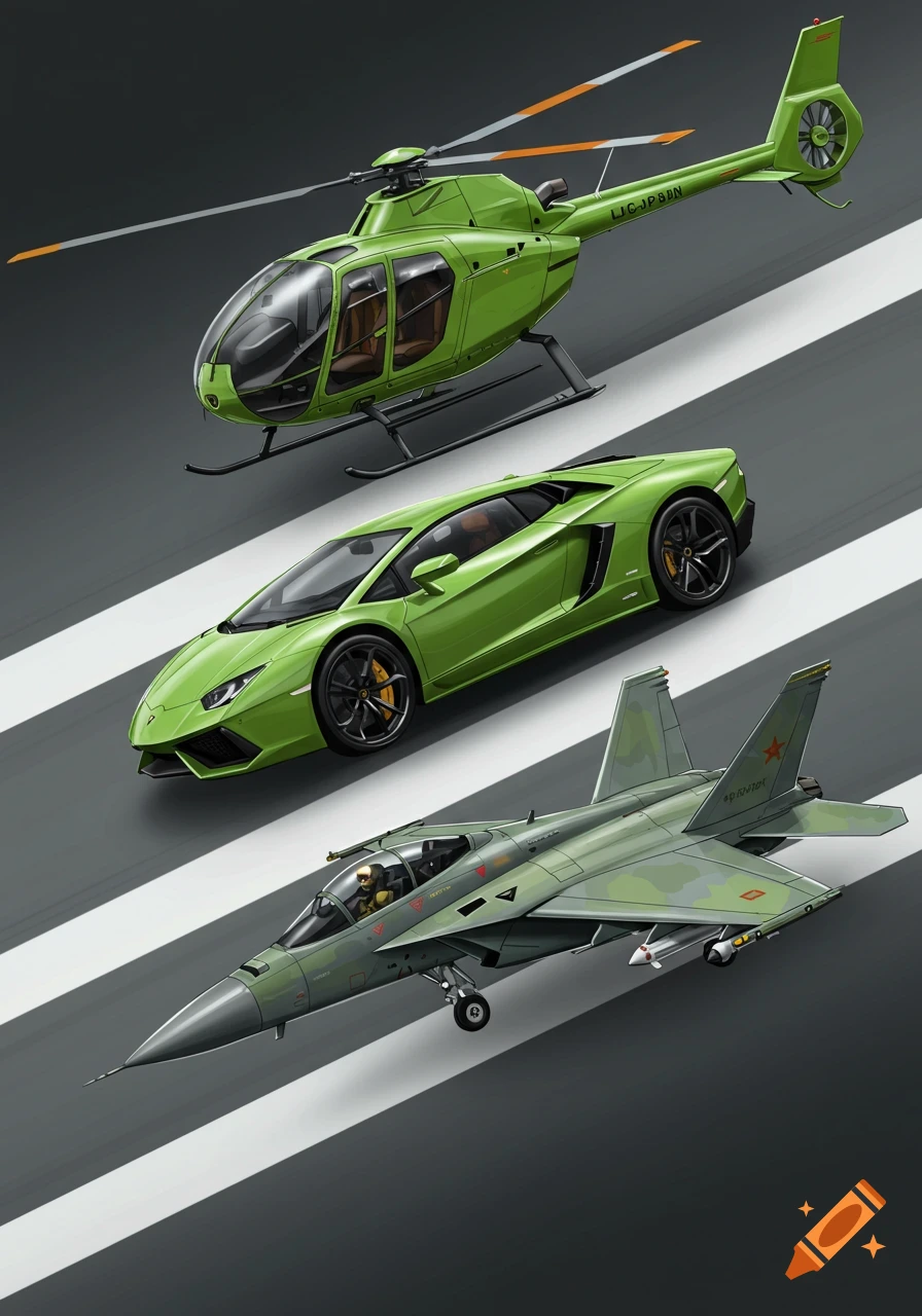 Green Lamborghini helicopter, car, and fighter jet aligned on a gray striped surface in a clean, detailed illustration style.