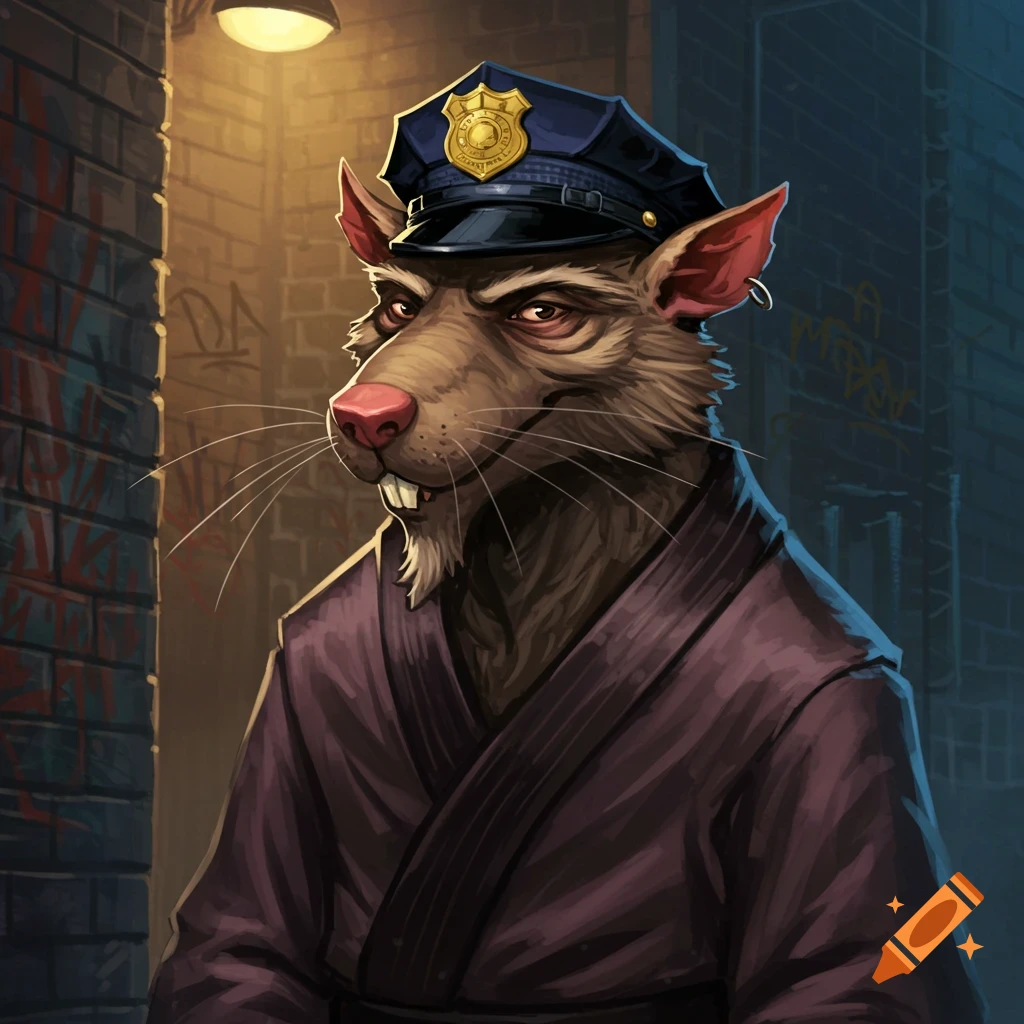 An anthropomorphic rat wearing a police hat and a purple robe stands in a dark urban alley with graffiti.