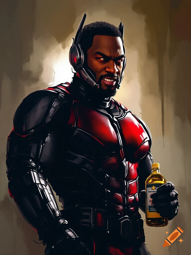 A dark-skinned man with red eyes dressed as Ant-Man, in a black and red suit, holds a bottle of yellow liquid. The style is comic book art.