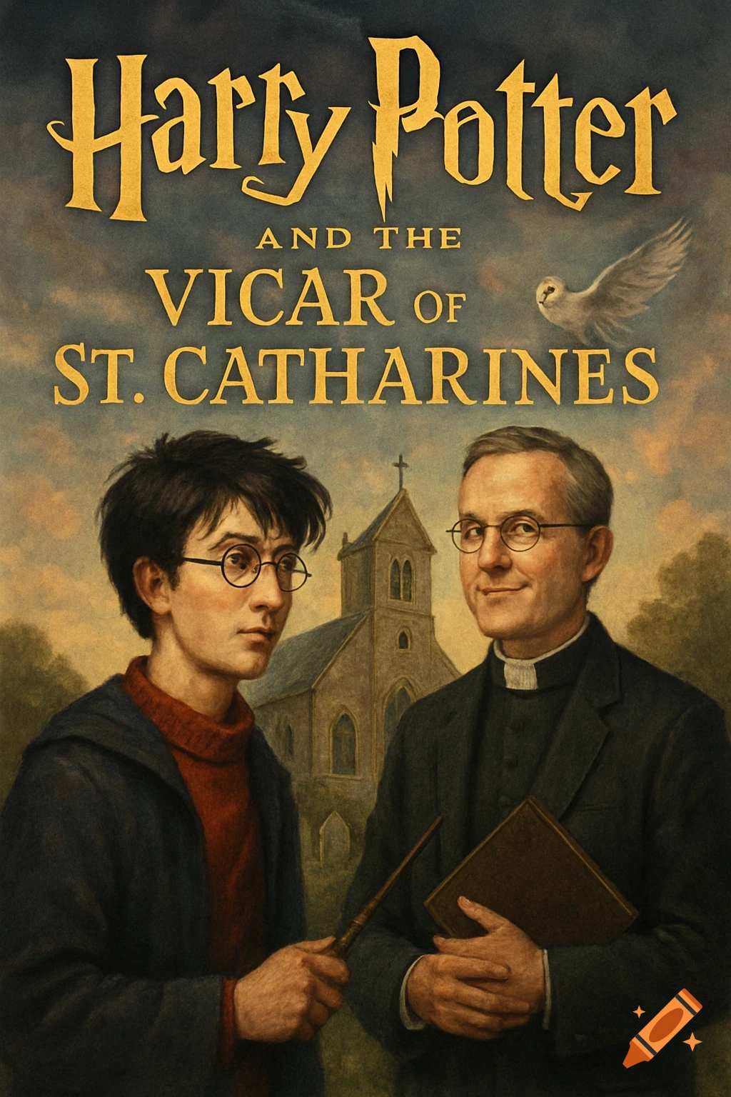 Book cover for 'Harry Potter and the Vicar of St. Catharines' featuring Harry Potter and a vicar with a church and an owl.