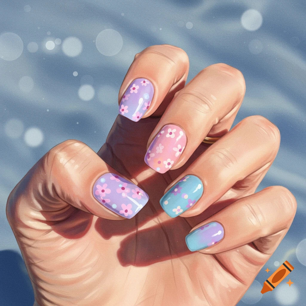 A close-up illustration of a hand with pastel-colored nails, each adorned with small floral designs, against a blurry light background.