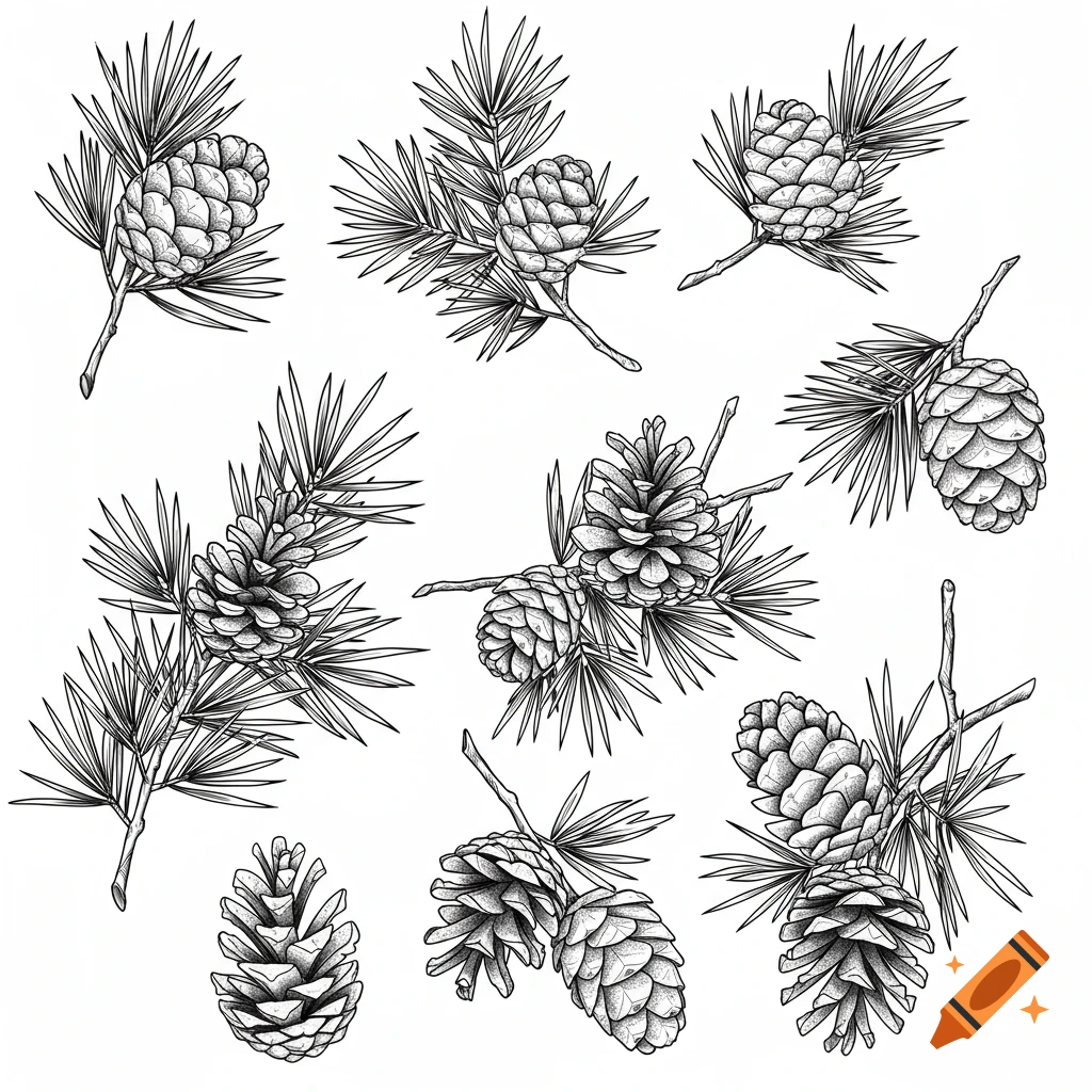 Multiple black and white line art illustrations of pine branches with pinecones and needles on a white background.