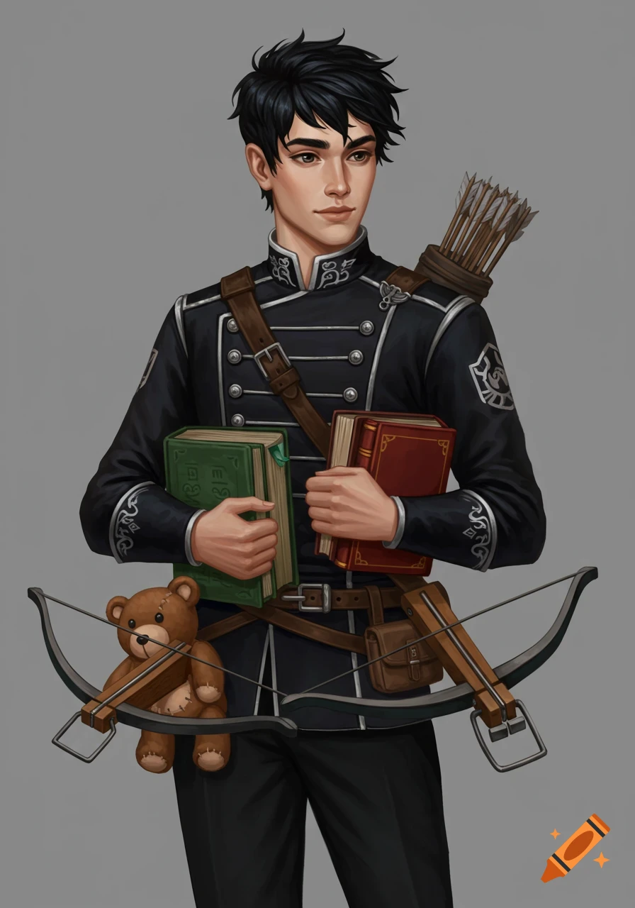 A young male character in a dark uniform holds two books, with a crossbow and a teddy bear. He has a quiver of arrows on his back.