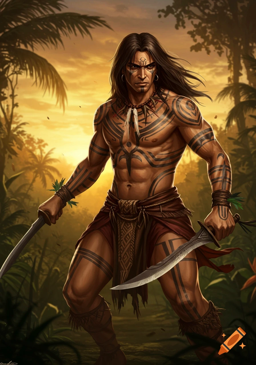 An ancient Visayan warrior with tribal tattoos and long hair, wielding two short blades in a jungle at sunset.