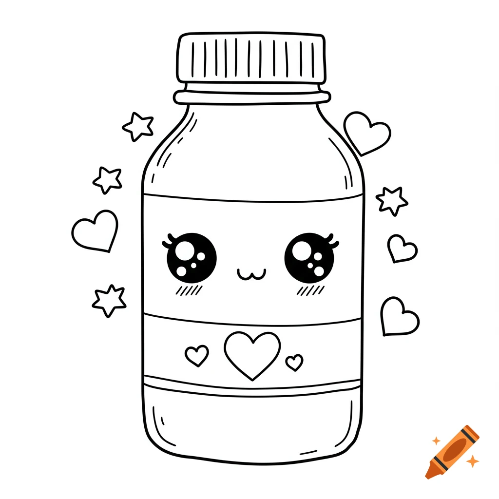 A black and white kawaii-style line drawing of a bottle with a cute face, surrounded by hearts and stars, suitable for a coloring page.