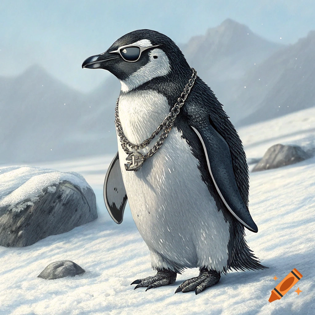 A cool penguin wearing black sunglasses and a large silver chain stands on a snowy plain with mountains in the background.
