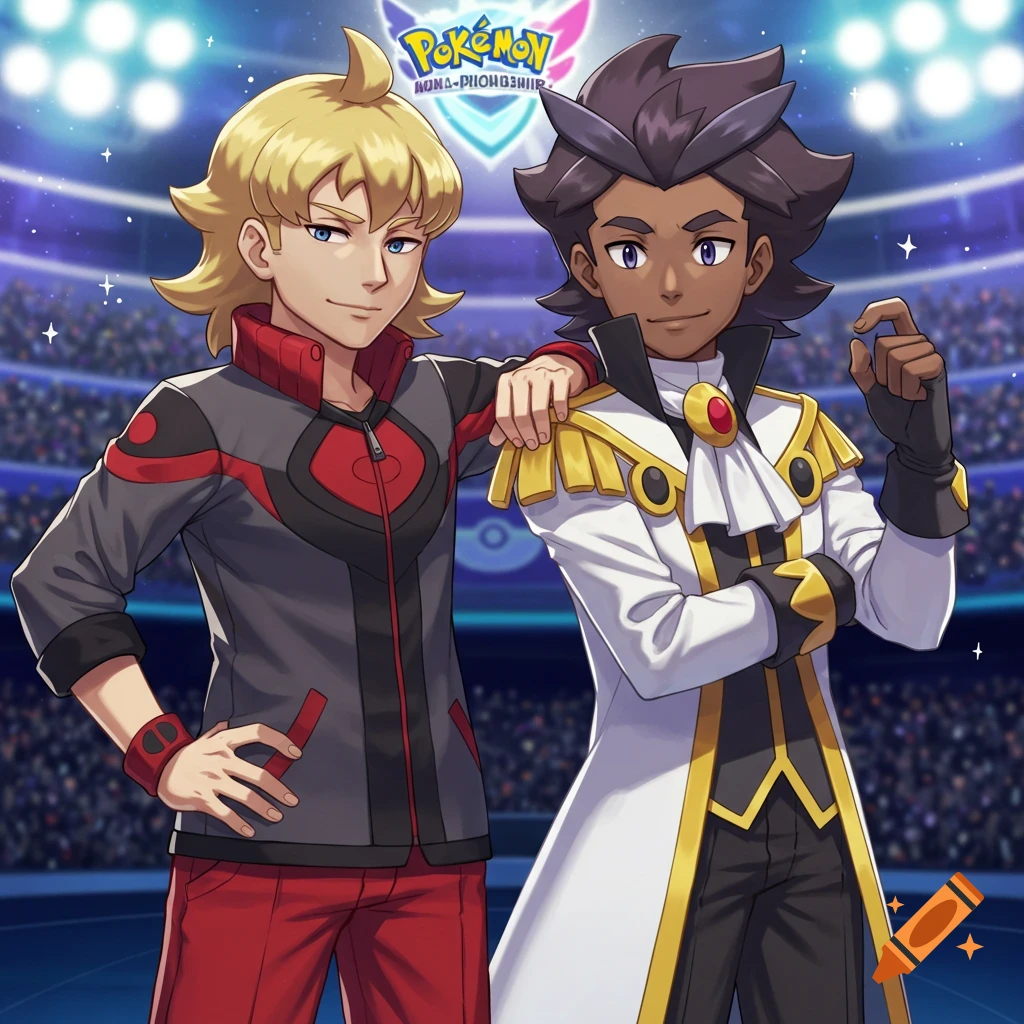 Two anime-style male characters, Leon and Raihan from Pokemon, pose in a stadium, wearing each other's costumes.