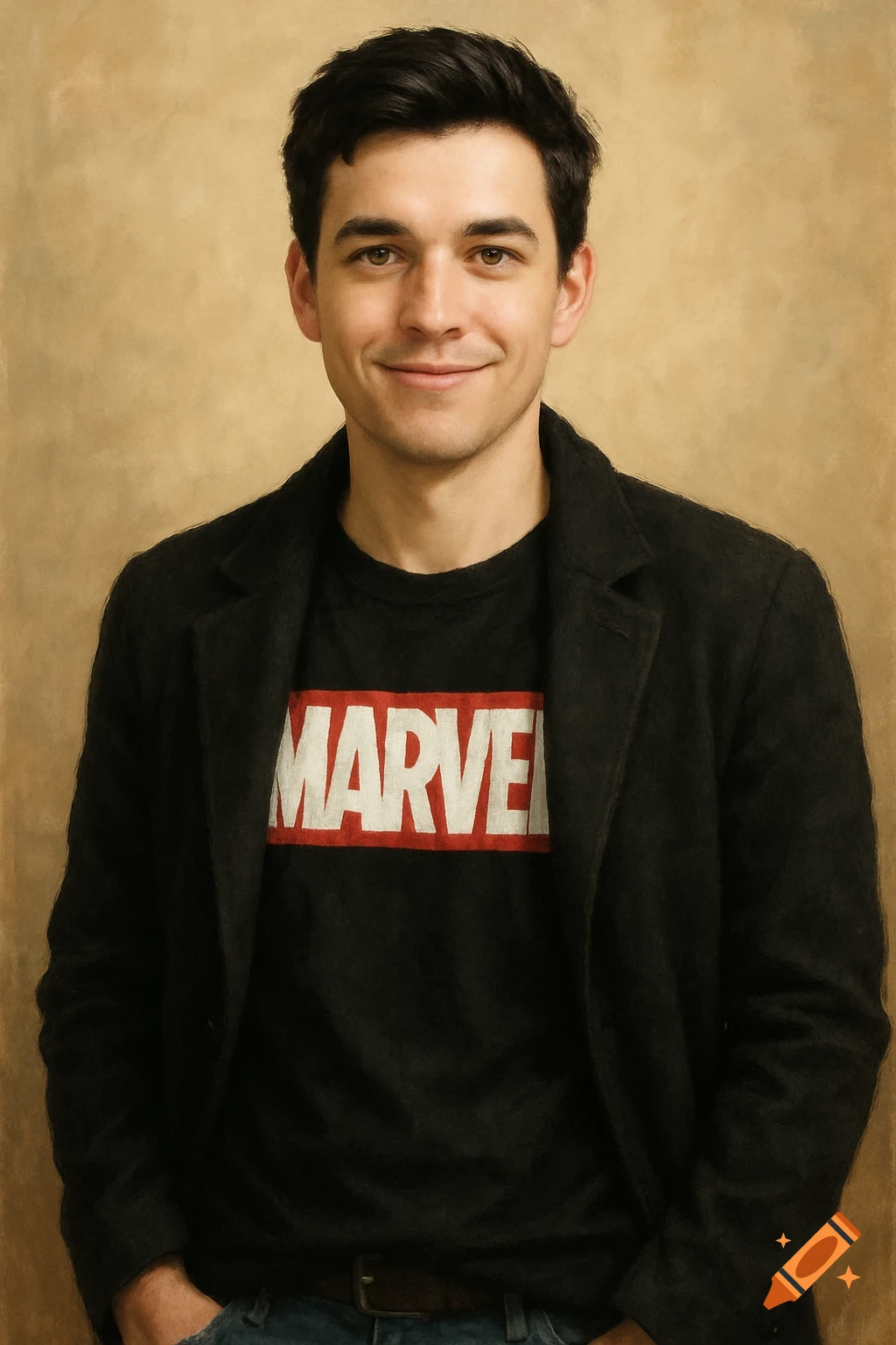 A man with dark hair and a kind smile wears a black jacket over a black t-shirt with a red and white 'MARVEL' logo.
