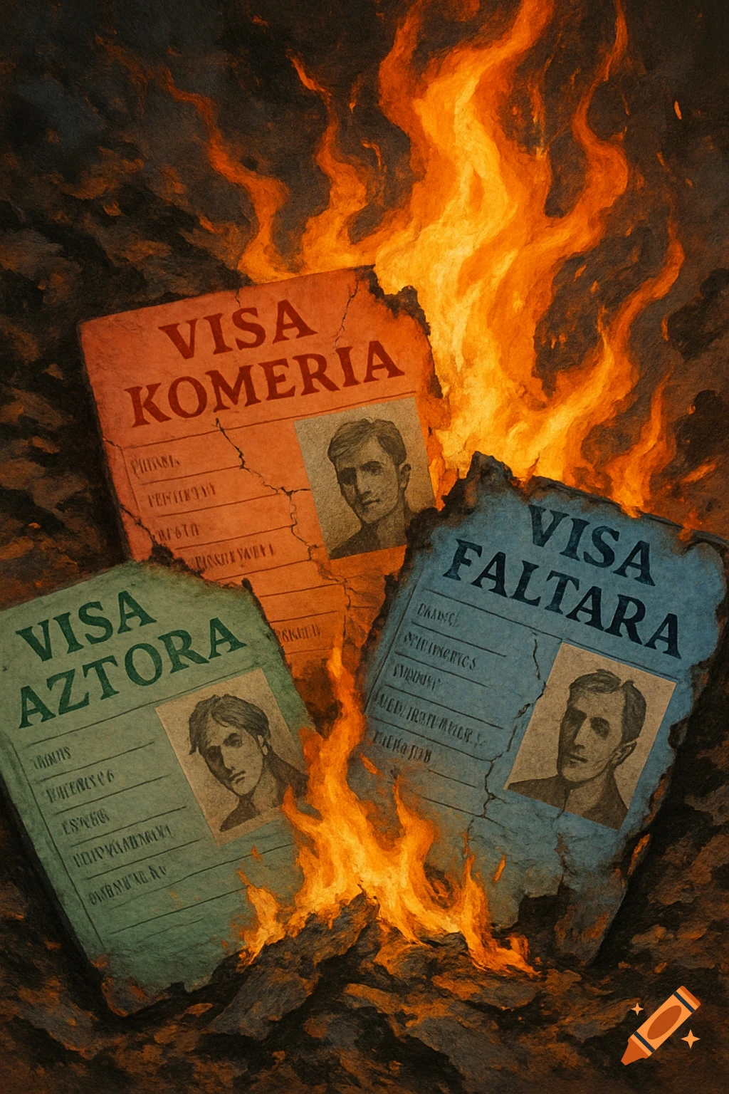 Three burning visas in red, teal, and blue, with fictional country names and stylized portraits, engulfed in bright orange flames.