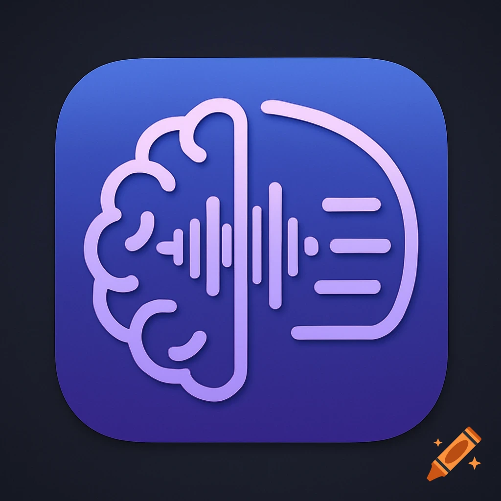 A stylized purple brain icon with audio waveforms on the left and horizontal lines representing text on the right, set on a rounded square blue background with a subtle gradient.