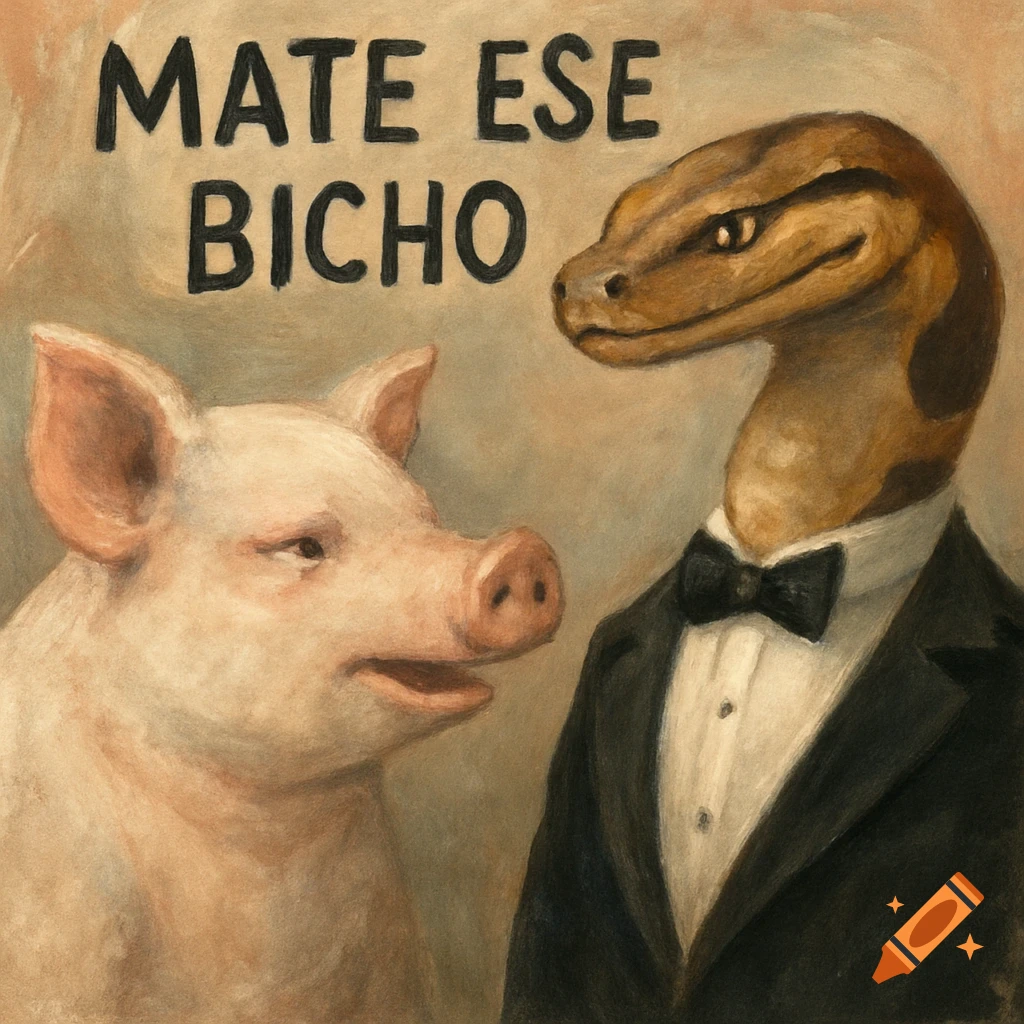 A pig looking at a snake in a tuxedo, with the words 'MATE ESE BICHO' above, in a painterly style.