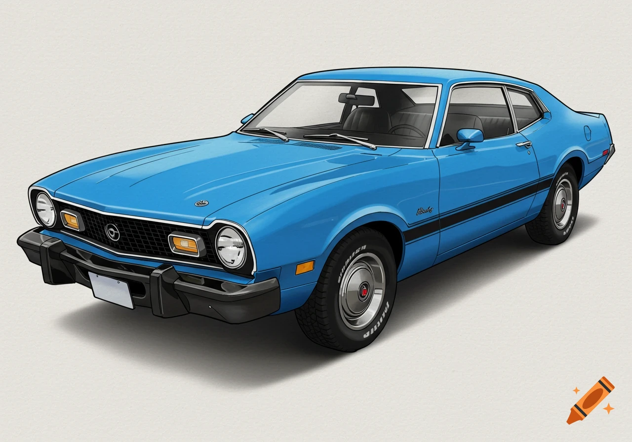 Blue 1974 Ford Maverick 2-door car with black trim, illustrated in a clean, crisp style on a light background.