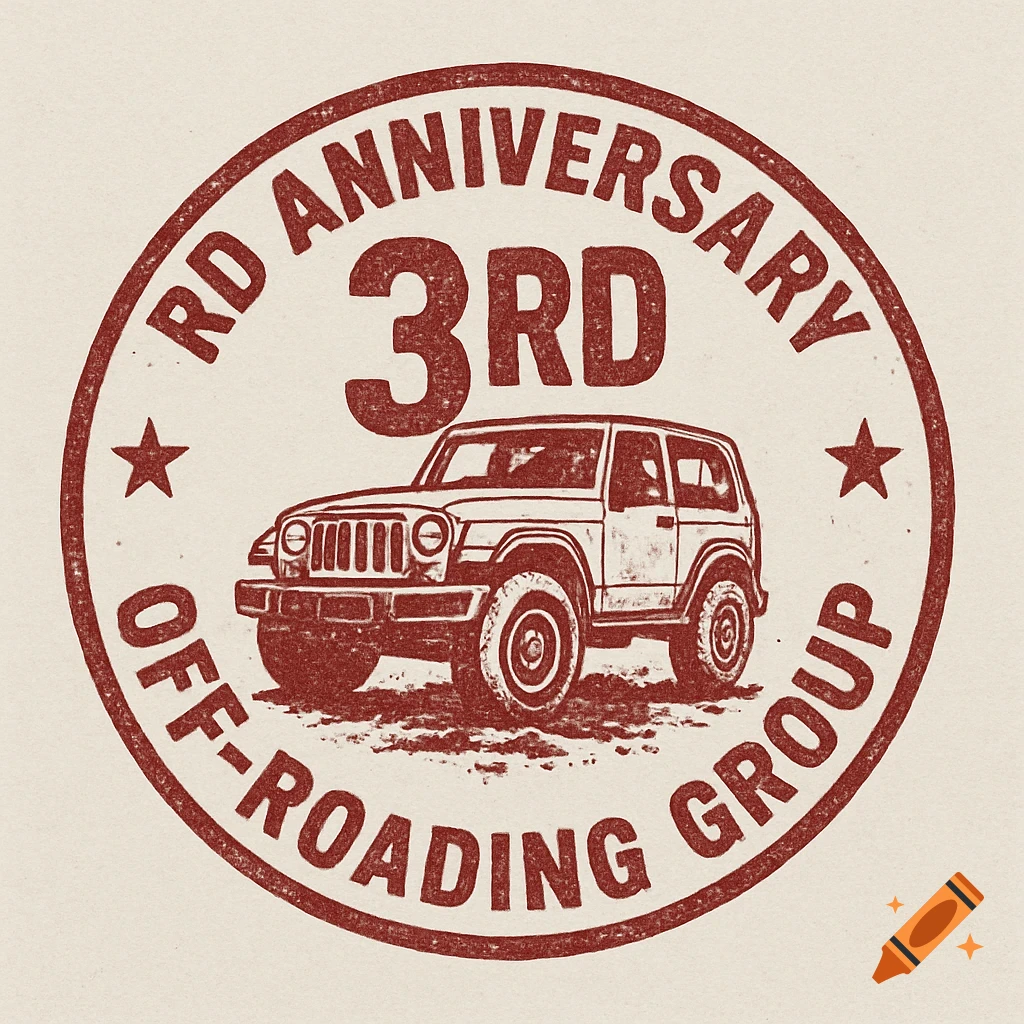 A vintage-style red rubber-stamped logo with an off-road vehicle. Text reads '3RD ANNIVERSARY OFF-ROADING GROUP' in a circle.