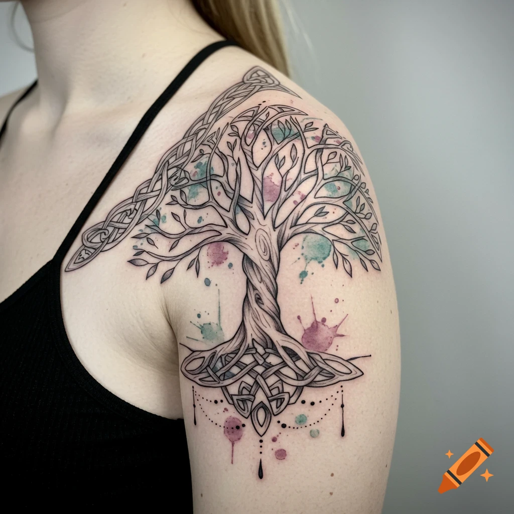 A vibrant Celtic tree of life tattoo with watercolor splashes of teal and purple on a person's shoulder, featuring intricate knotwork.