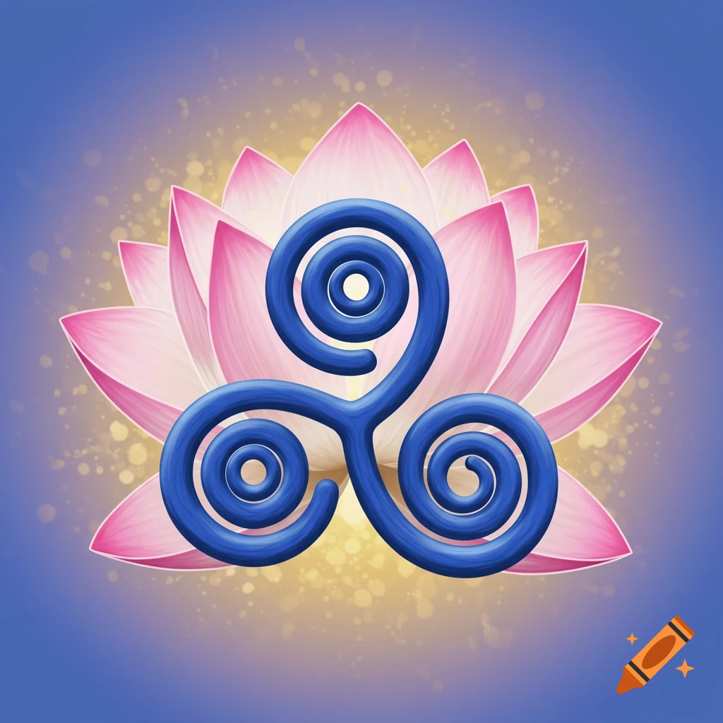 A blue triskelion symbol in front of a pink lotus flower, with a glowing golden background.