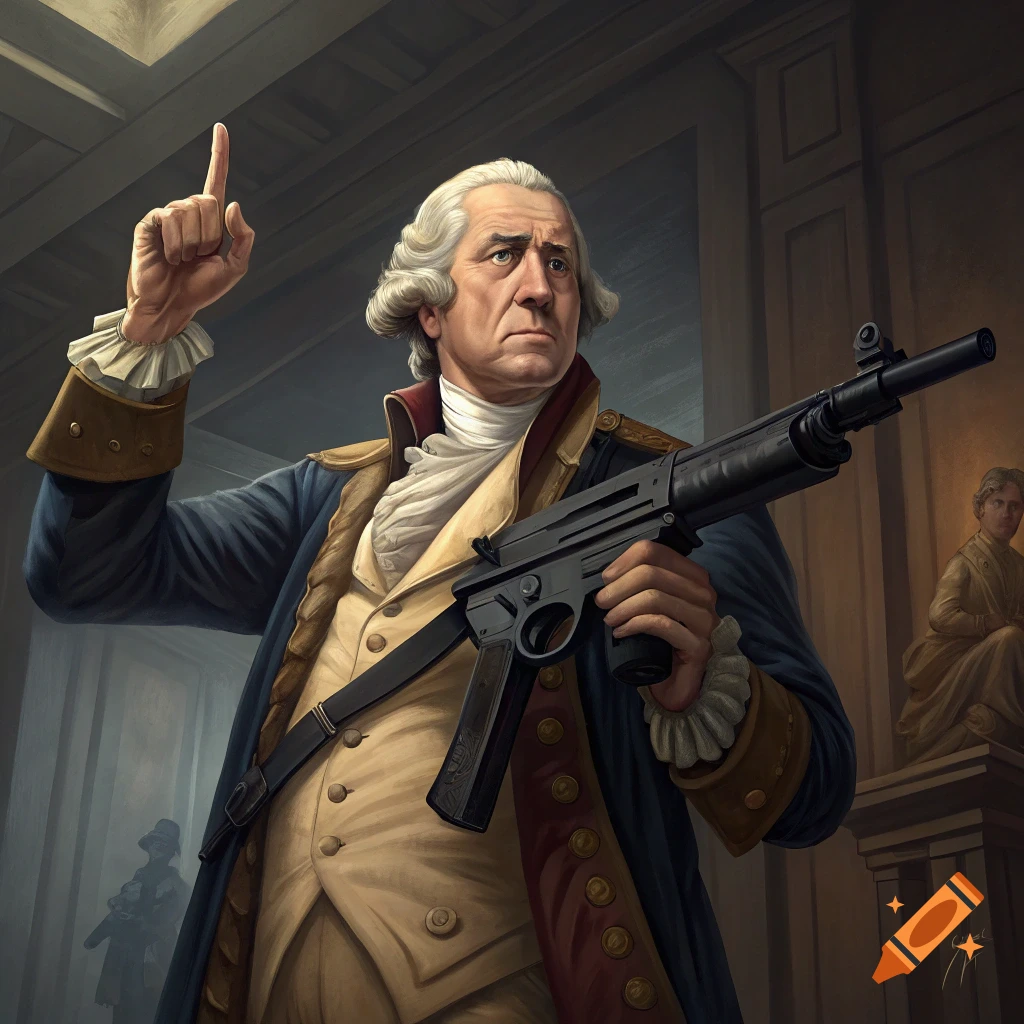 George Washington in colonial attire holding a modern submachine gun and pointing up in a historical building.