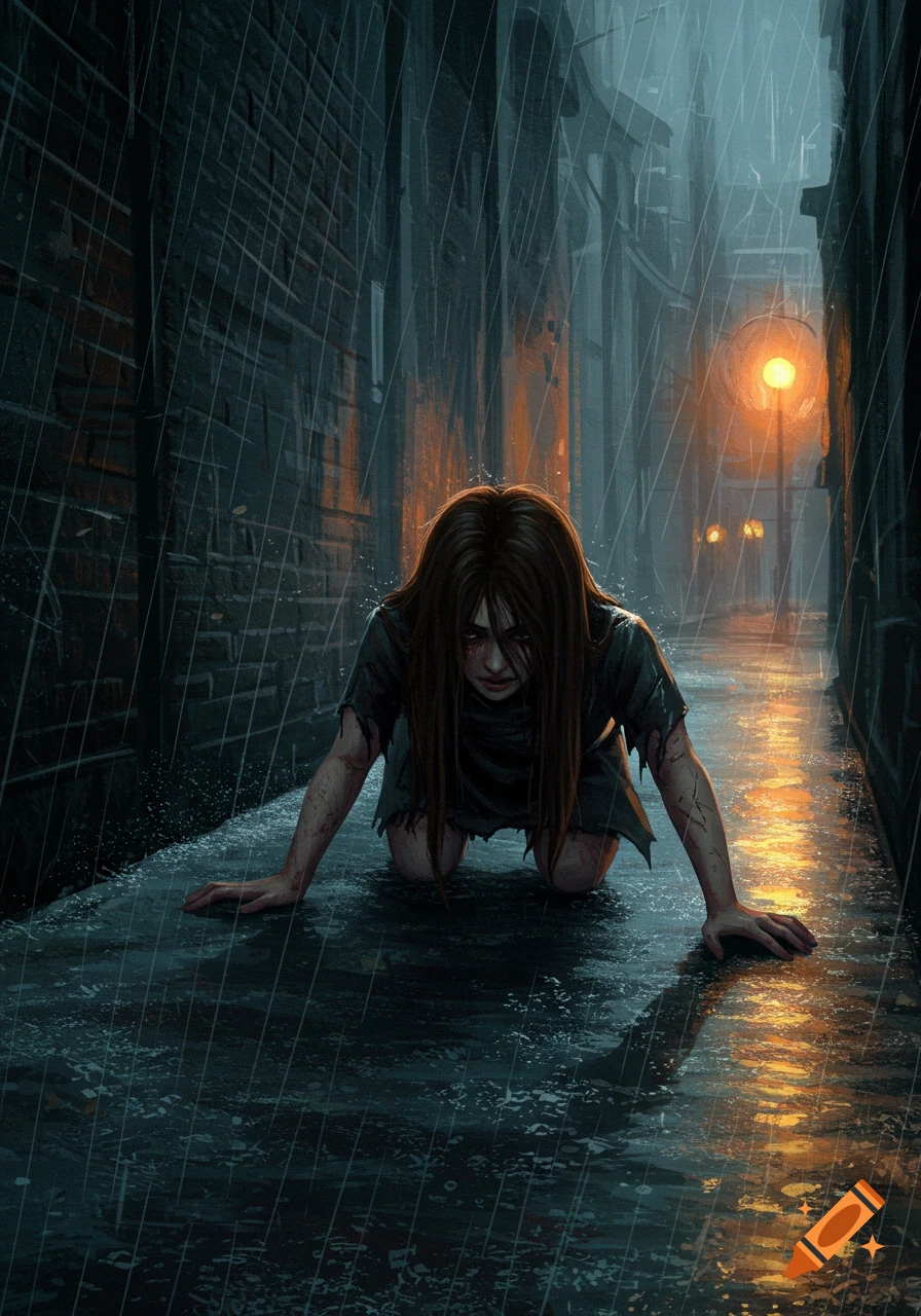 A distressed woman with long dark hair and torn clothes crawls on her hands and knees in a dark, rain-soaked alley. Streetlights cast an orange glow in the background.