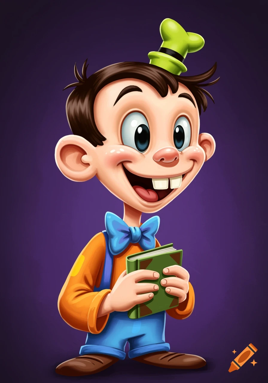 A smiling cartoon boy with buck teeth, wearing a green Goofy-like hat, blue bowtie, and orange shirt, holding a green book against a purple background.
