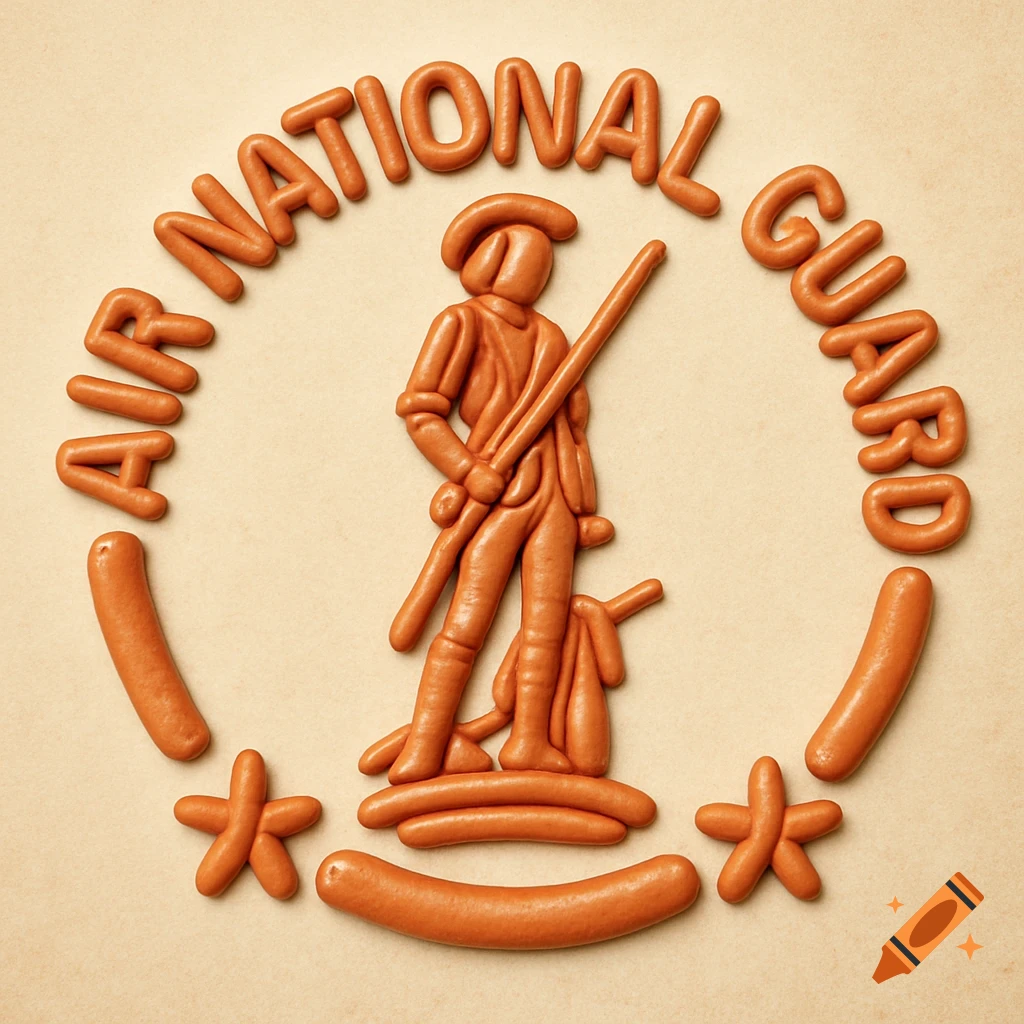 An Air National Guard logo crafted from hot dogs, including text and a soldier figure on a beige background.