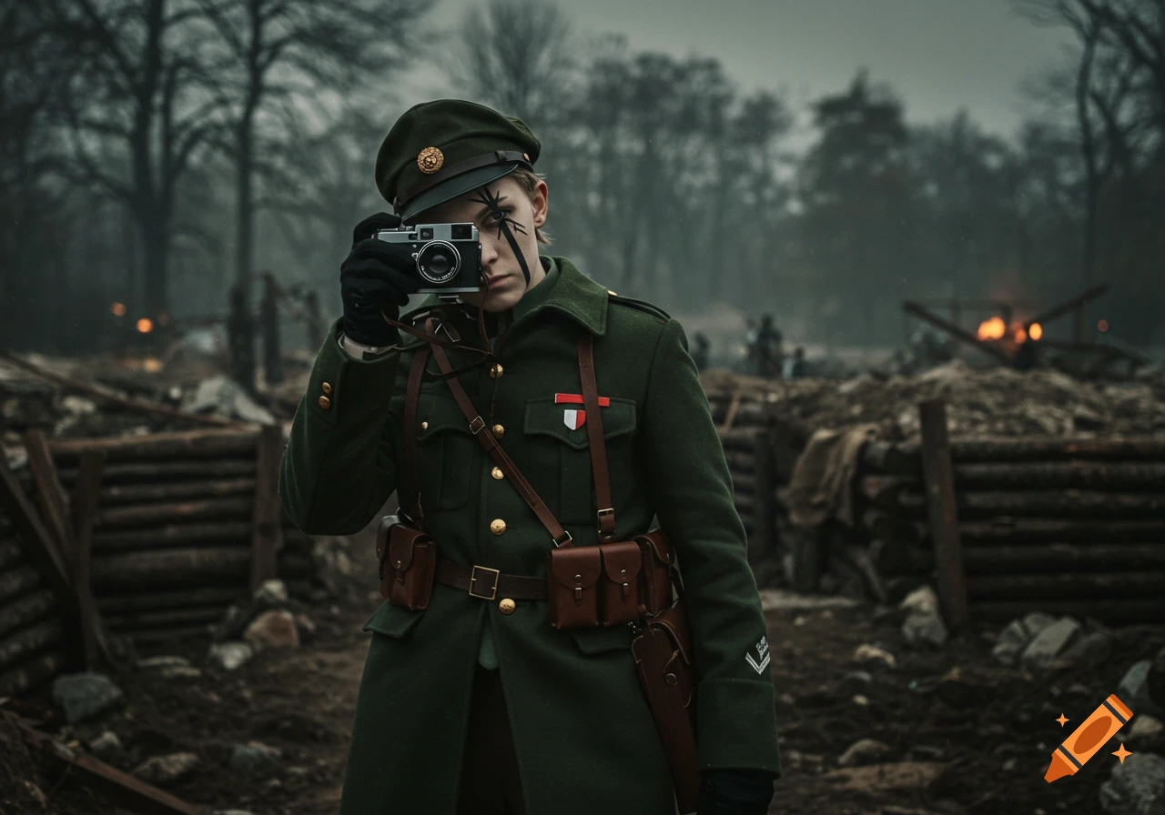 A person in a green military uniform and cap holds a vintage camera, standing in a muddy, war-torn trench with debris and a distant explosion.
