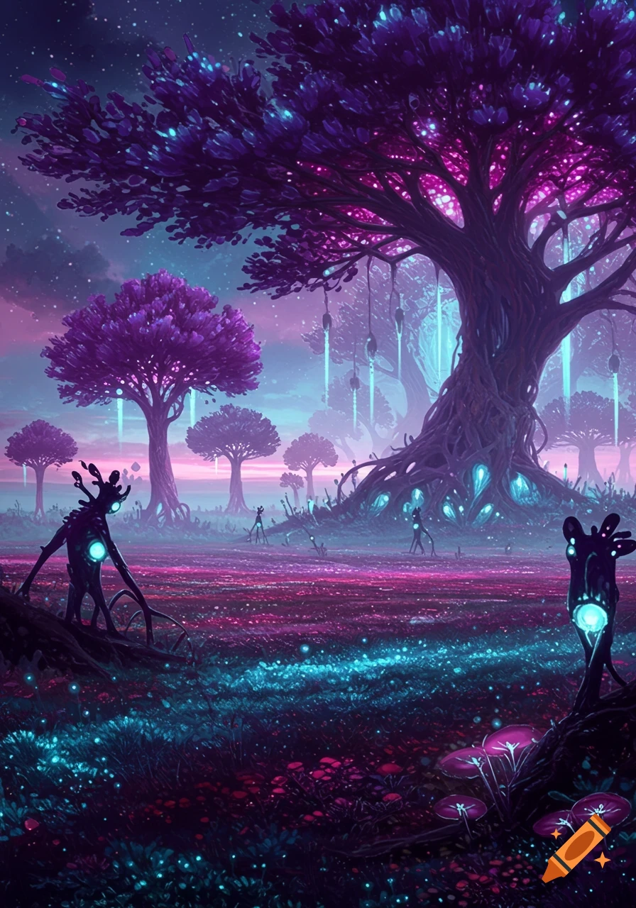 Vibrant fantasy landscape with glowing purple trees, a bioluminescent forest floor, and dark alien figures under a starry sky.