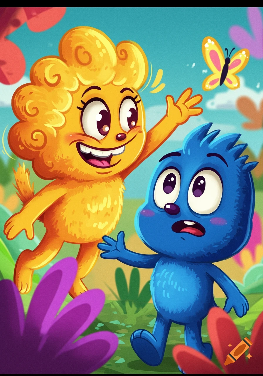 Two friendly, colorful cartoon monsters, one yellow and one blue, in a whimsical, brightly colored forest.