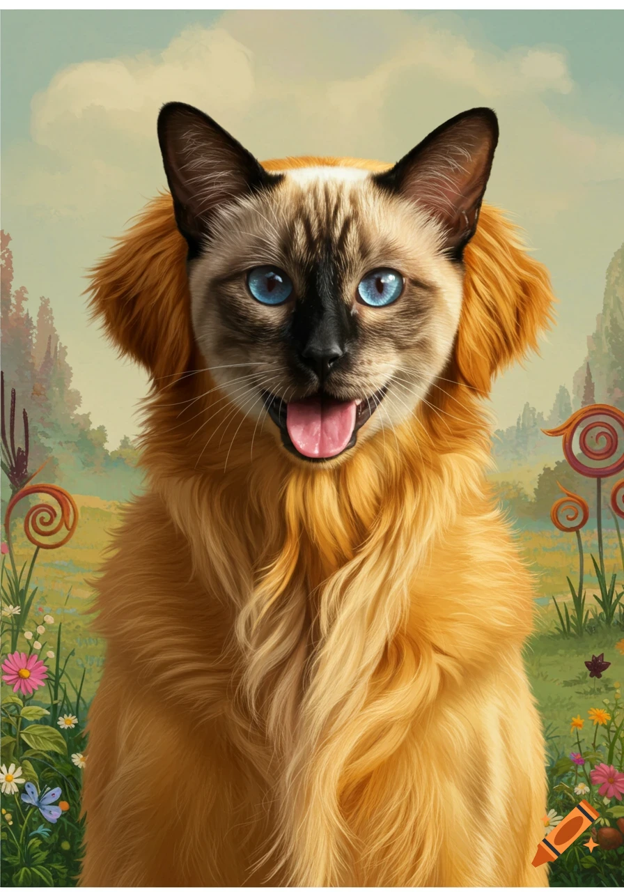 Close-up of a smiling Siamese cat's face on a golden retriever's body, set in a whimsical outdoor landscape with flowers.
