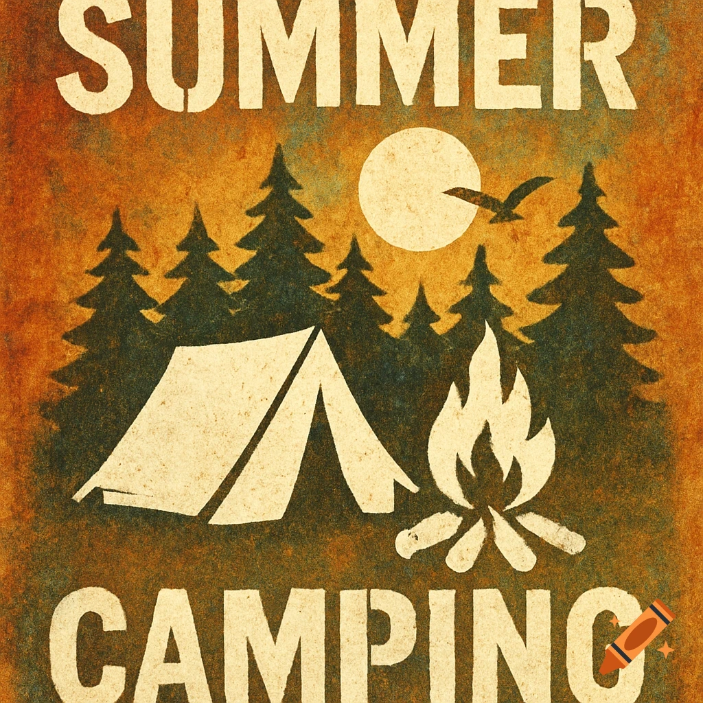 Vintage-style poster illustration of a tent, campfire, and pine trees under a moon, with 'SUMMER CAMPING' text.