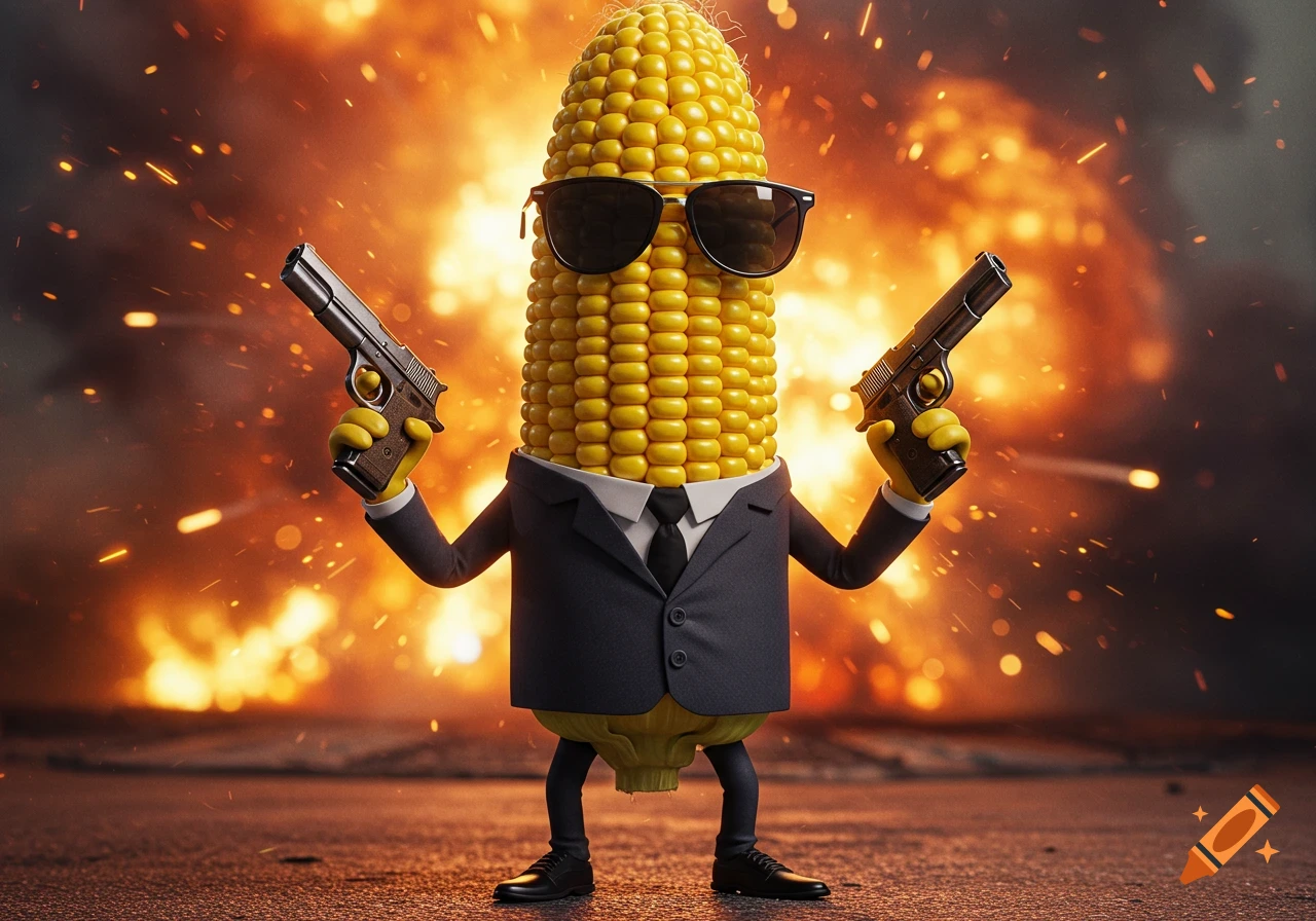 Anthropomorphic corn cob in a suit and sunglasses, holding two pistols against an explosion background.