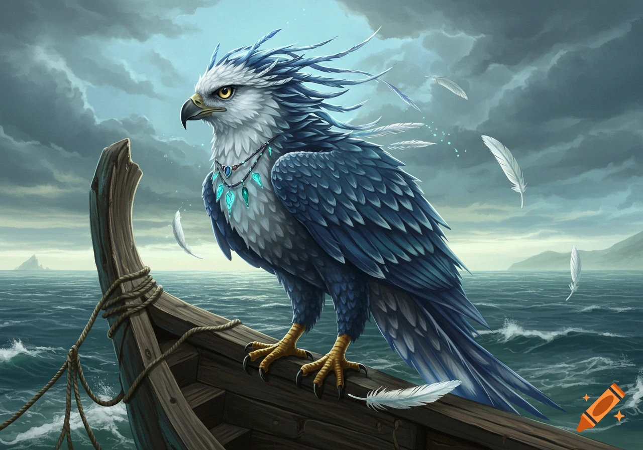A majestic fantasy sea eagle with blue and silver feathers and a glowing teal necklace stands on a wooden boat in a stormy sea.