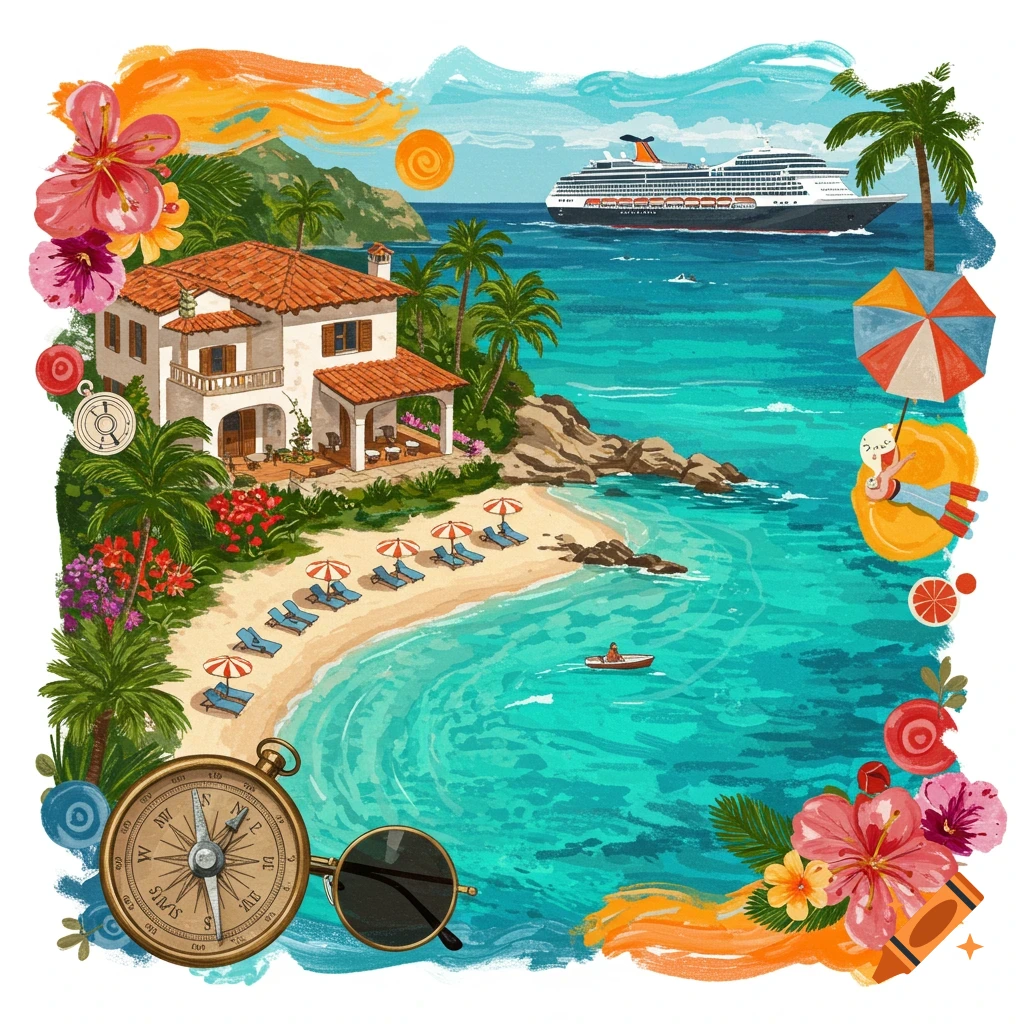 Vibrant illustration of a tropical beach with a villa, cruise ship, and travel items like a compass and sunglasses.