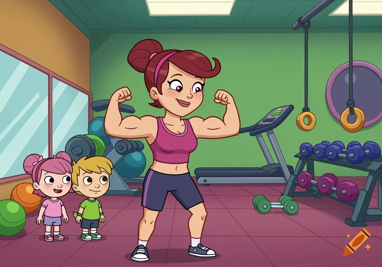 Cartoon woman flexes muscles in a gym as two children watch, with exercise equipment in the background.