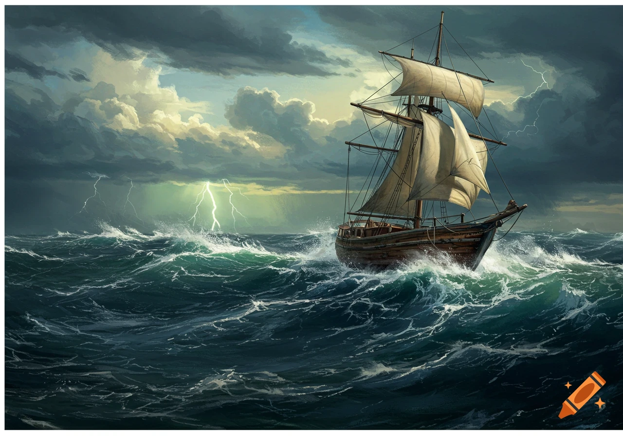 A wooden sailing ship battles large waves in a stormy sea under a dark sky with lightning.