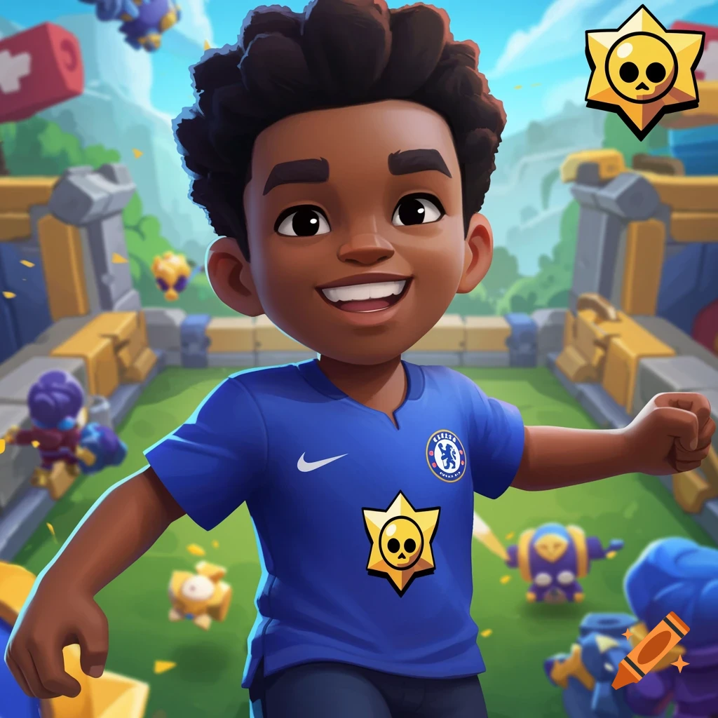 A smiling cartoon boy in a blue Chelsea FC jersey on a green video game arena, with Brawl Stars characters and logos visible.