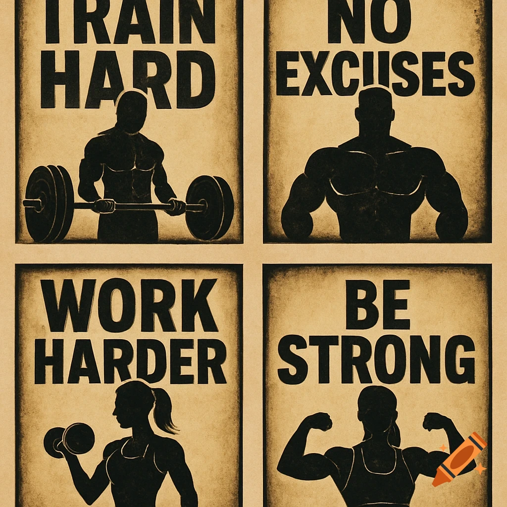 Four sepia-toned motivational gym posters with black silhouettes of people exercising and motivational text.