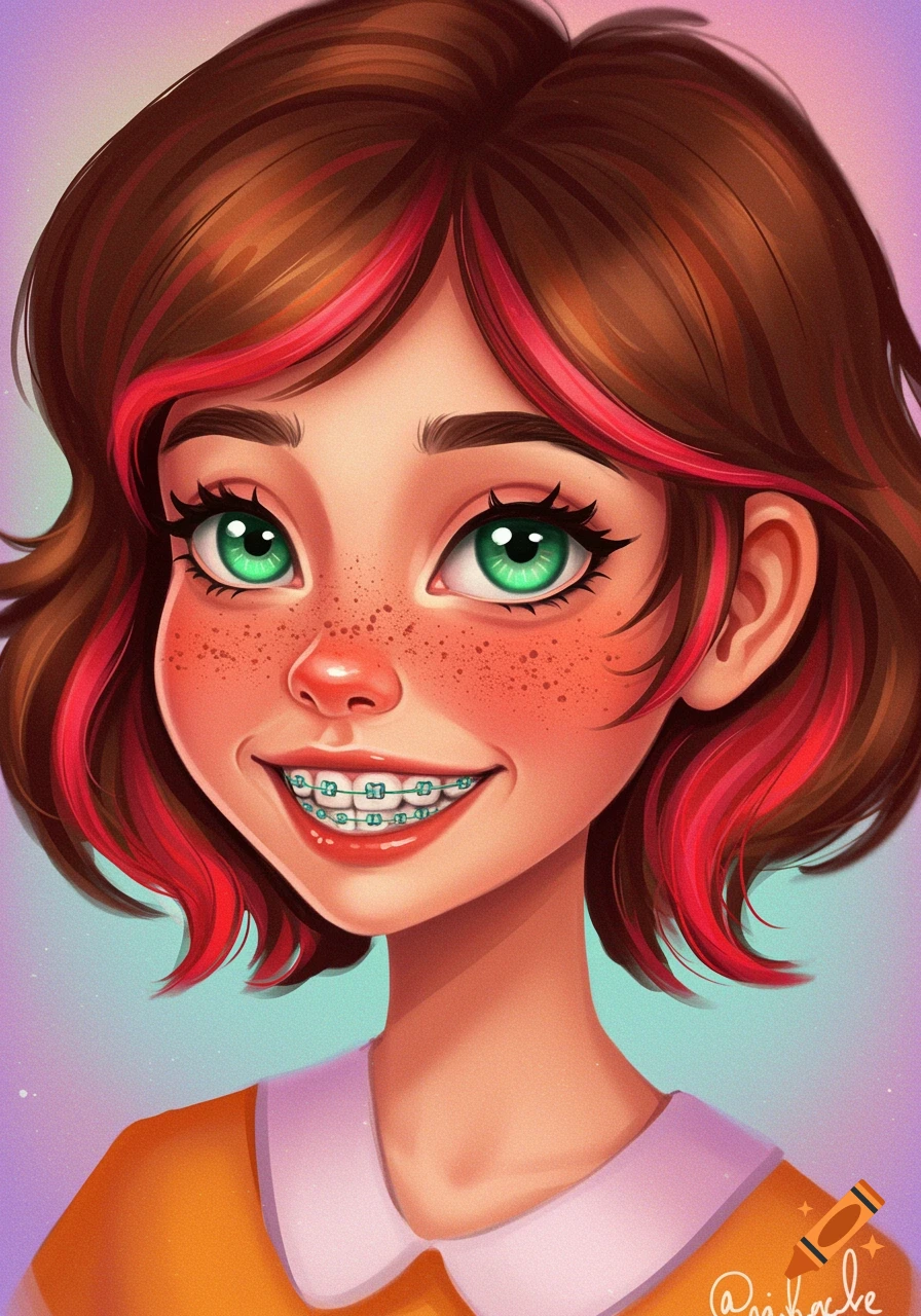 A cartoon portrait of a smiling girl with short brown hair, pink highlights, green eyes, freckles, and braces.