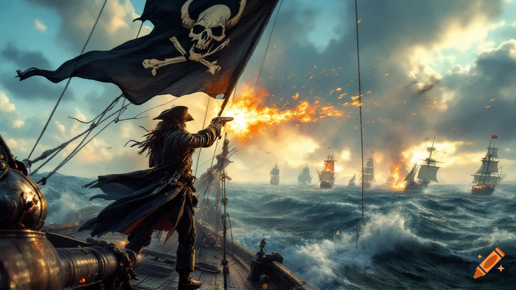 A pirate on a ship fires a flintlock pistol during a naval battle at sea, with a Jolly Roger flag waving above and other ships ablaze in the background.