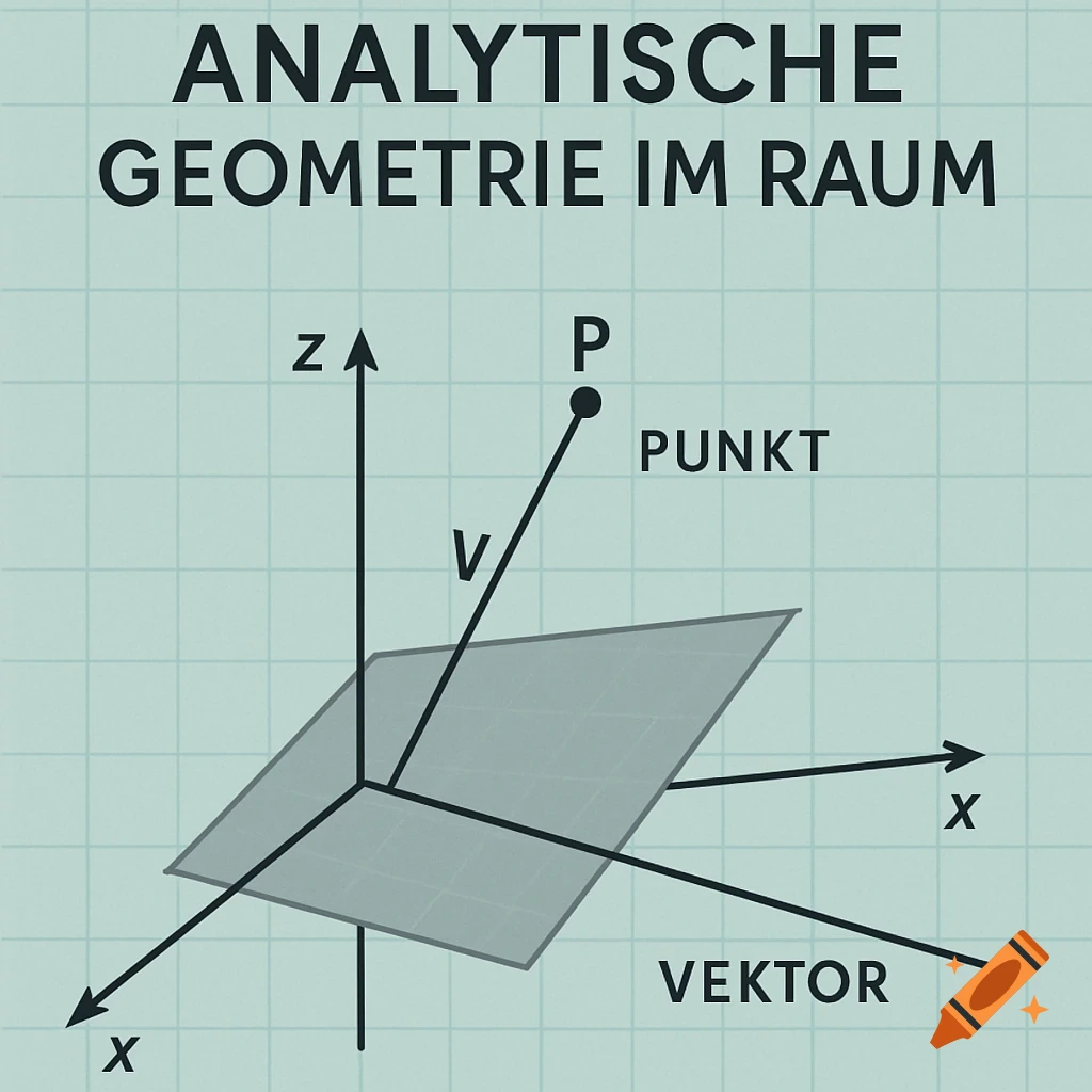 A 3D coordinate system with x and z axes, a plane, a point labeled 'PUNKT' with a vector 'V' originating from the origin, and a line labeled 'VEKTOR'. The title reads 'ANALYTISCHE GEOMETRIE IM RAUM'.