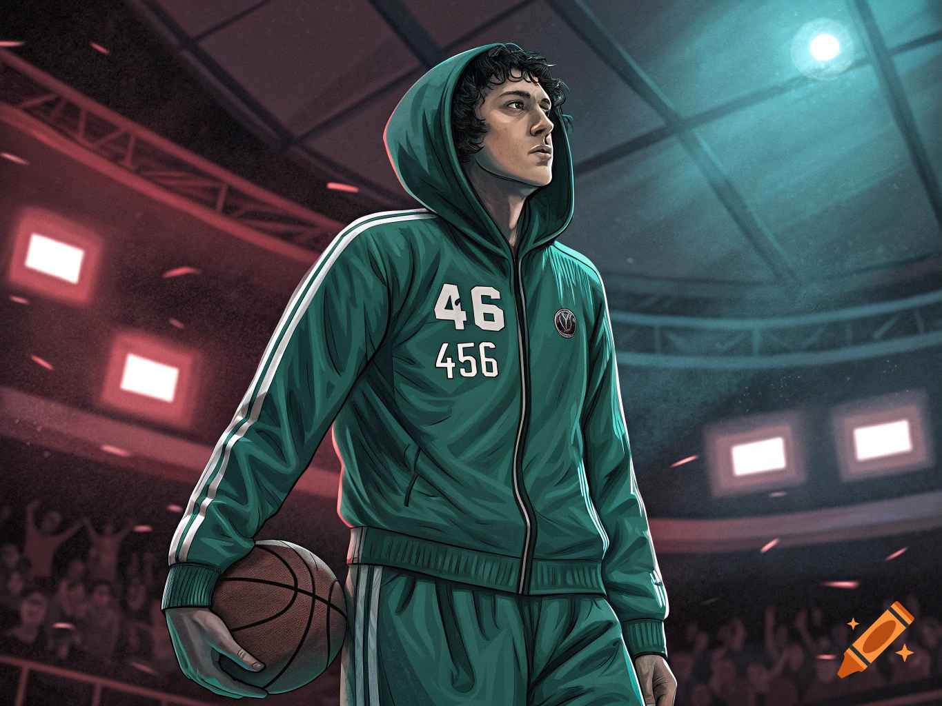 An illustration of a man in a teal tracksuit holding a basketball in a stadium. Numbers 46 and 456 are on his shirt.