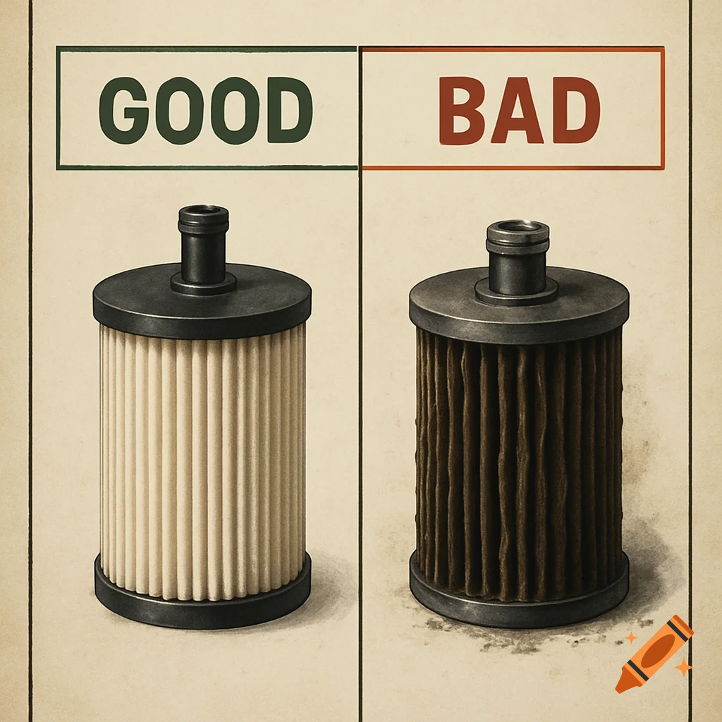 Side-by-side comparison of a clean, new filter labeled 'GOOD' and a dirty, used filter labeled 'BAD'.
