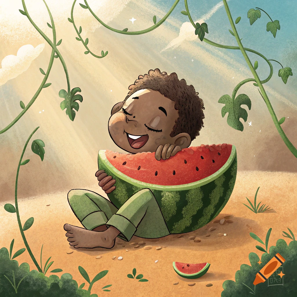 Cartoon illustration of a happy young boy sitting on sand, hugging a large slice of watermelon under sunny vines.