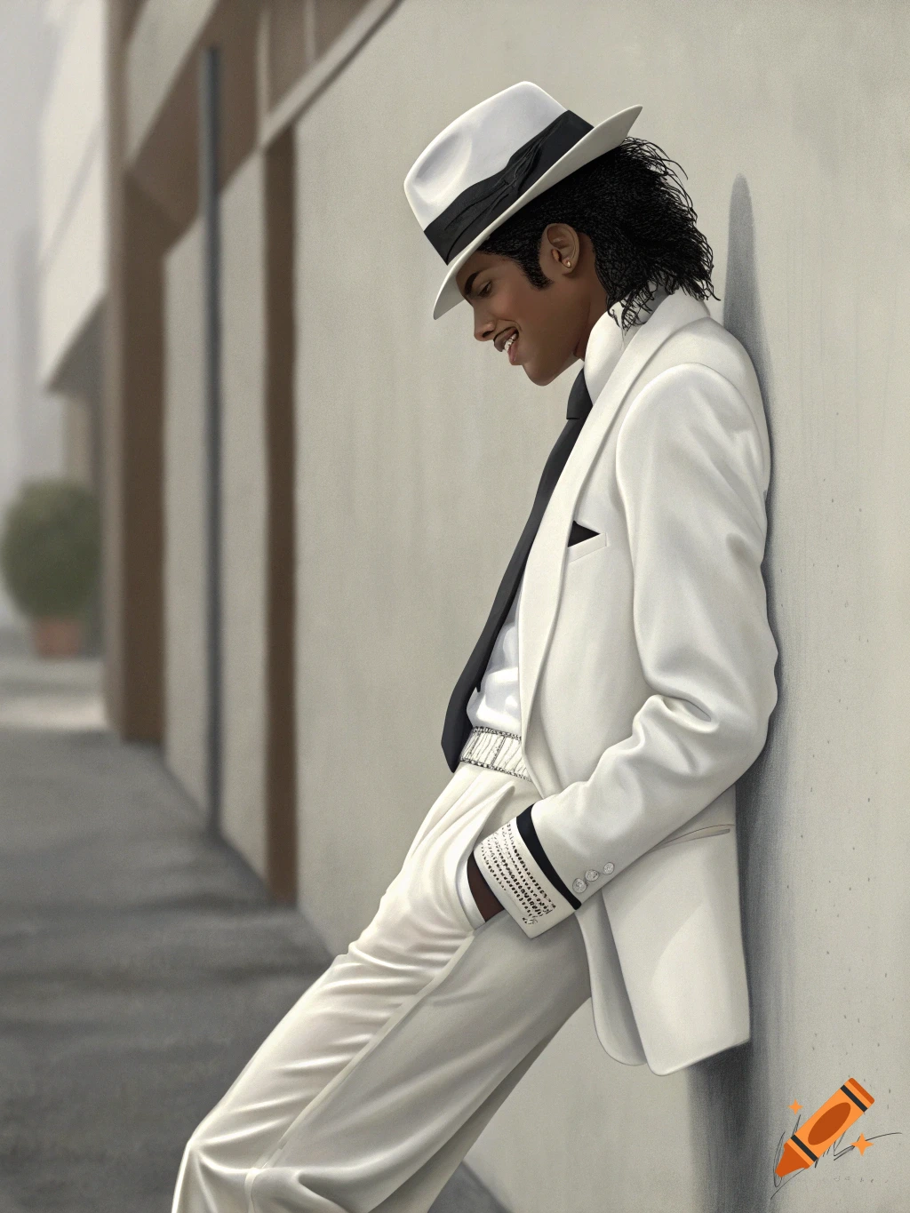 Michael Jackson in a white suit and fedora, leaning against a wall, smiling softly in a photorealistic style.